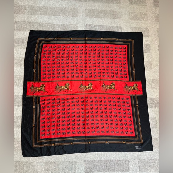 Vintage Hermes Paris Silk Horse and Carriage Scarf Red and Black